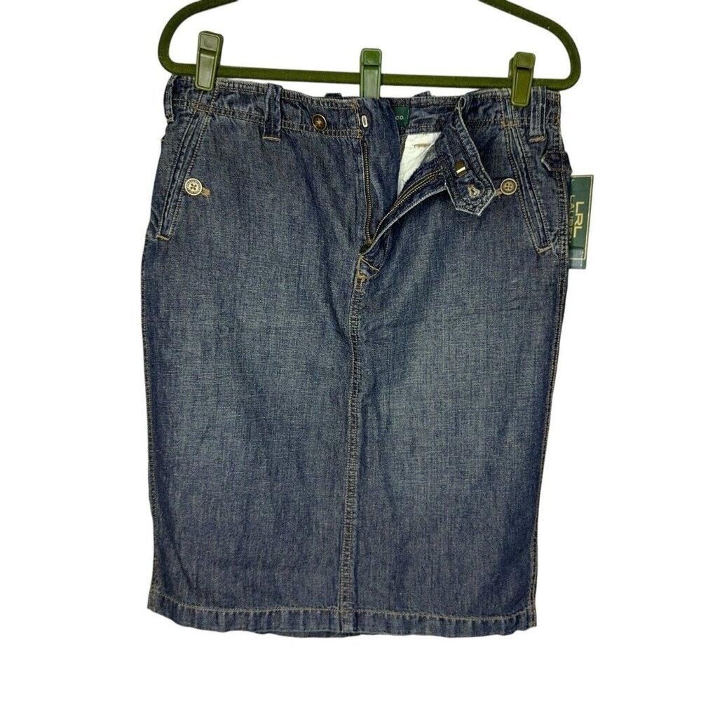 Lauren Jeans Co Denim Dark Wash Skirt Cotton Linen Sz 8 Pockets Adjustable Sand - Picture 3 of 16
